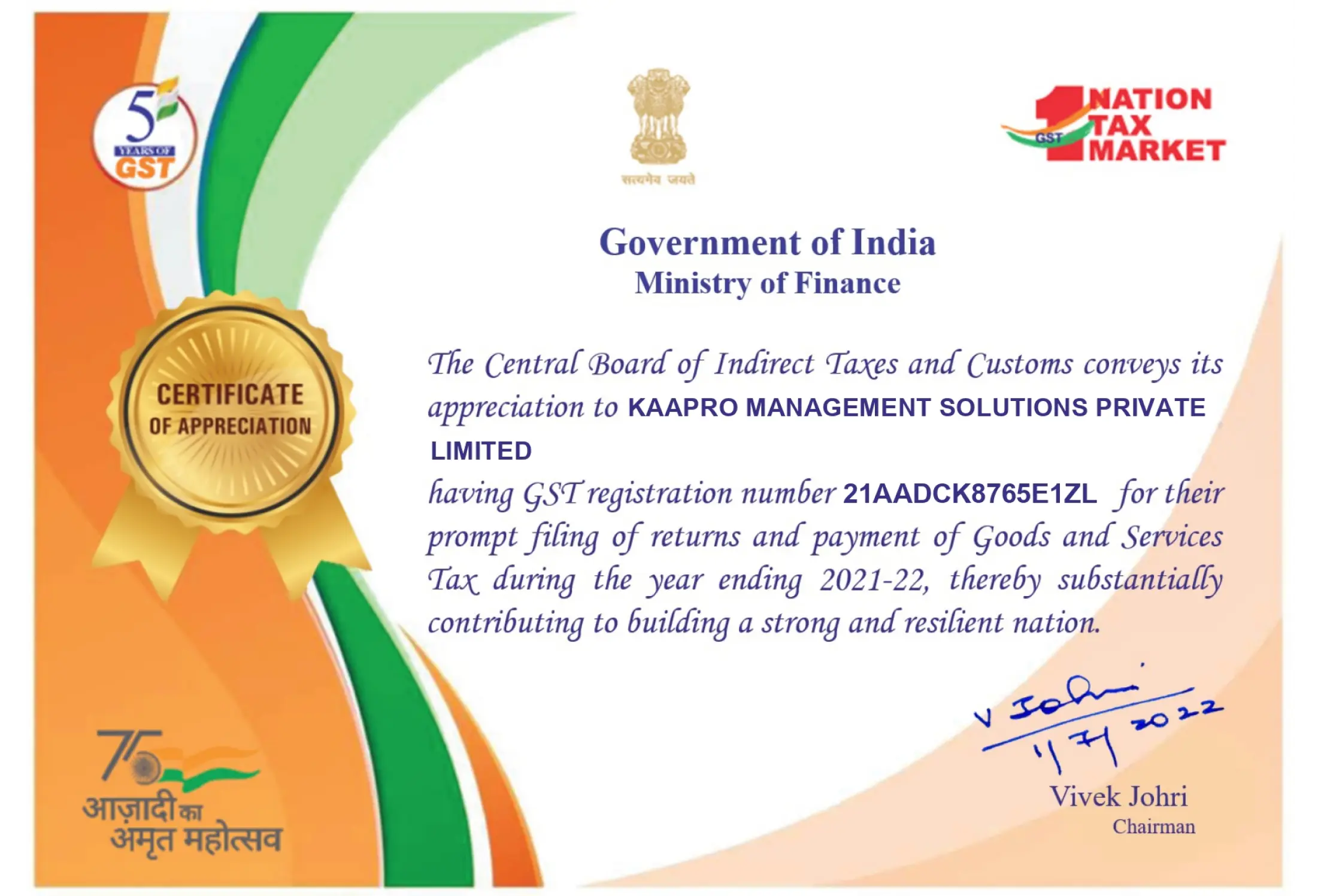 GST Appreciation Certificate for Kaapro