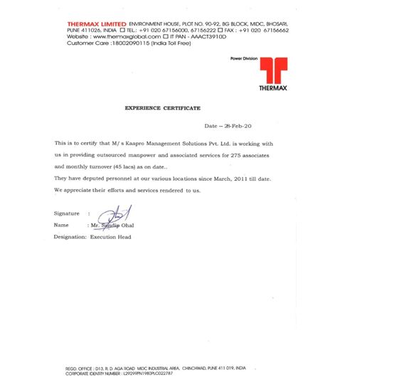 Thermax Experience Certificate